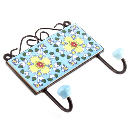 Turquoise And White Tiny Flower Ceramic Tiles Hooks